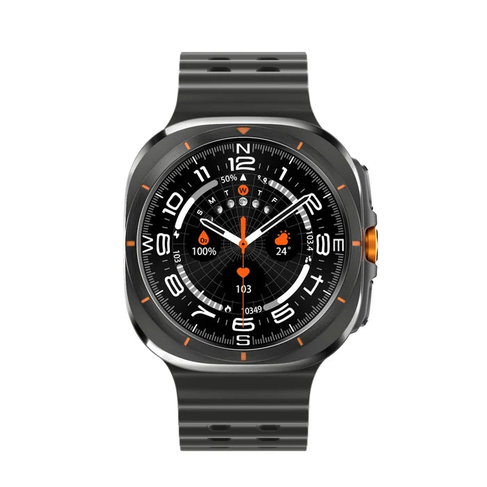 Ellora Tech Samsung Smart Watch Ultra Black Edition showing a sleek digital display and fitness tracking features.