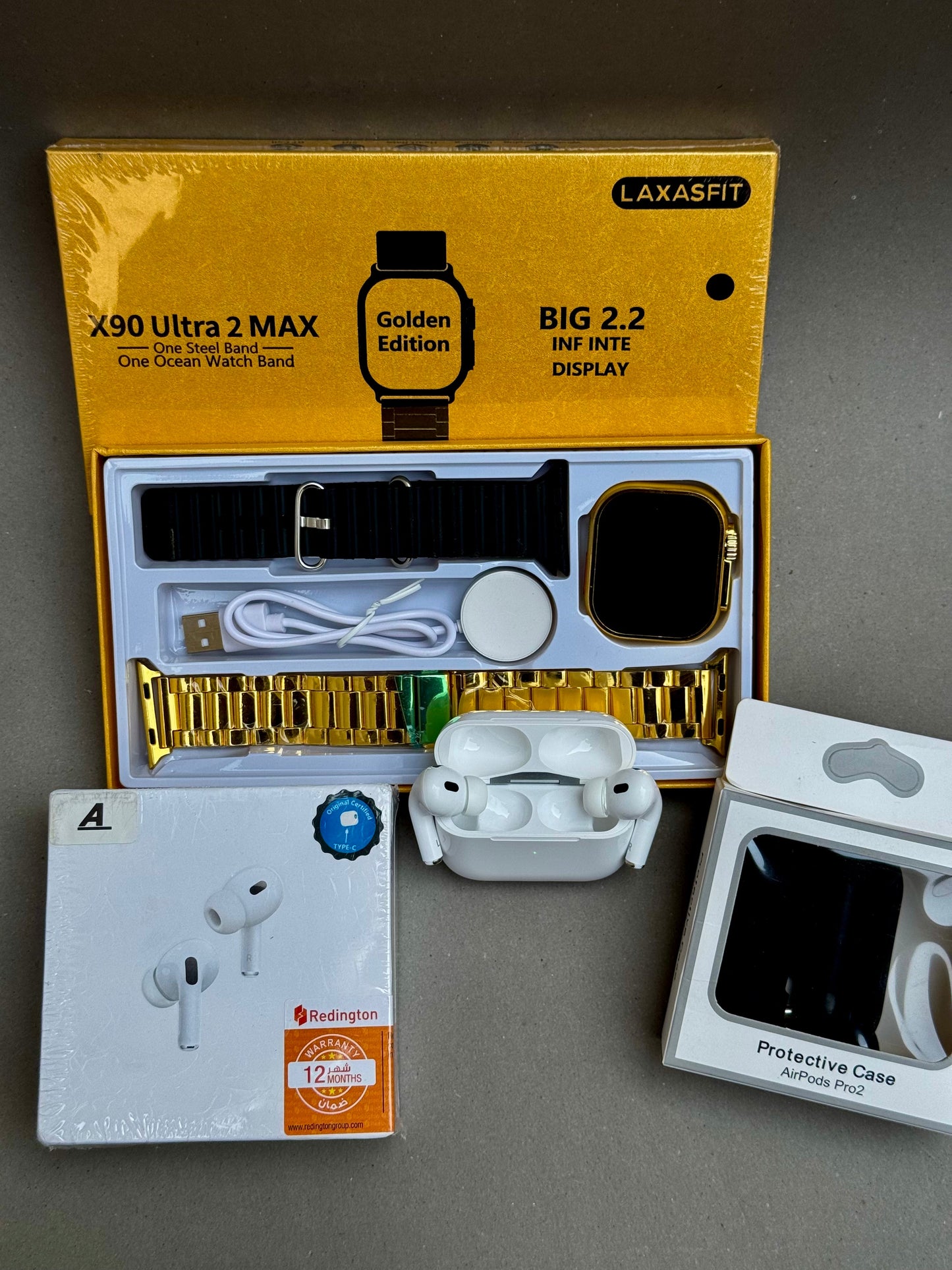 X90 Ultra 2 Golden Watch + Airpods Pro 2 [ANC + Buzzer Active!]
