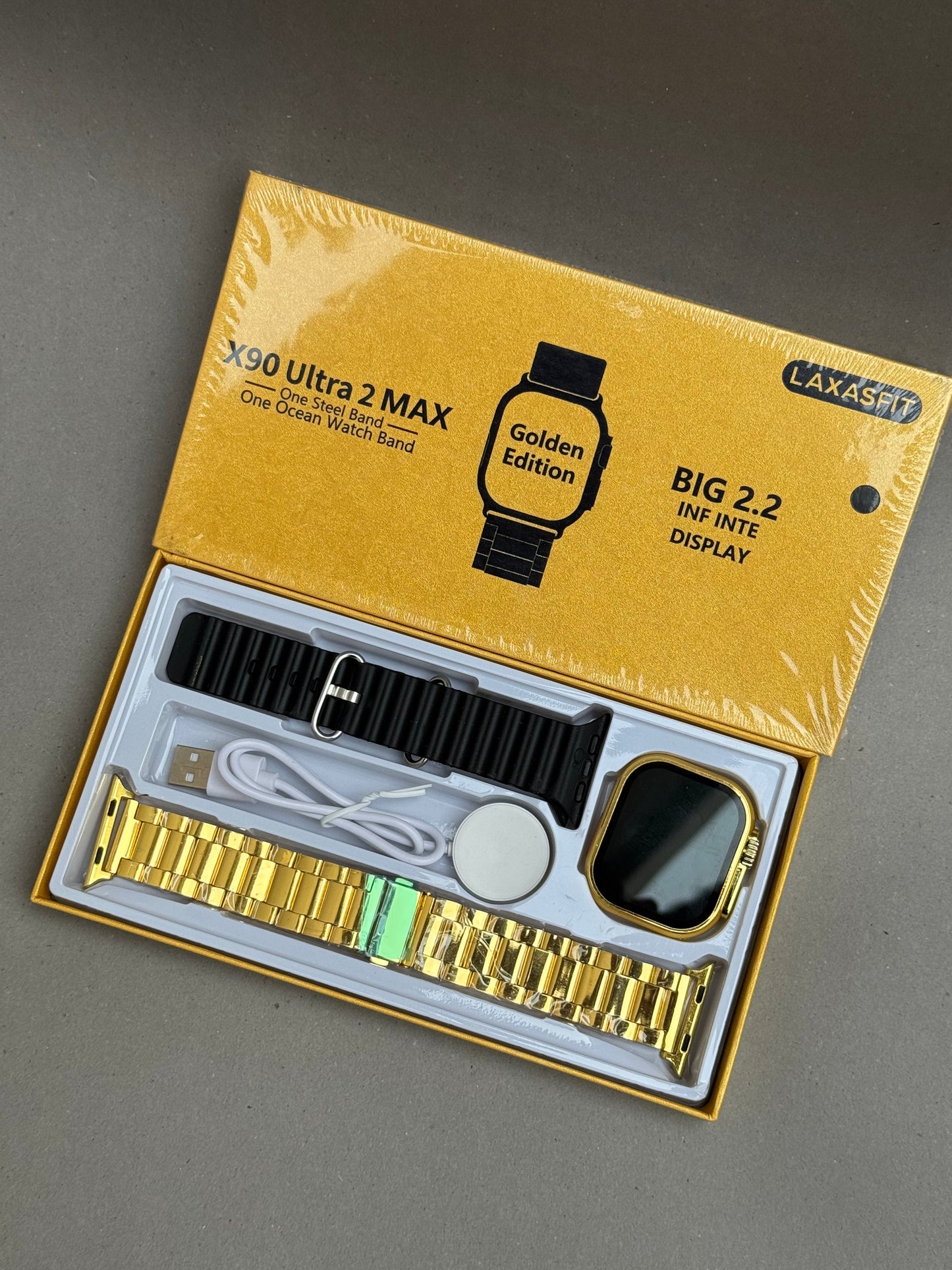 X90 Ultra 2 Golden Watch + Airpods Pro 2 [ANC + Buzzer Active!]