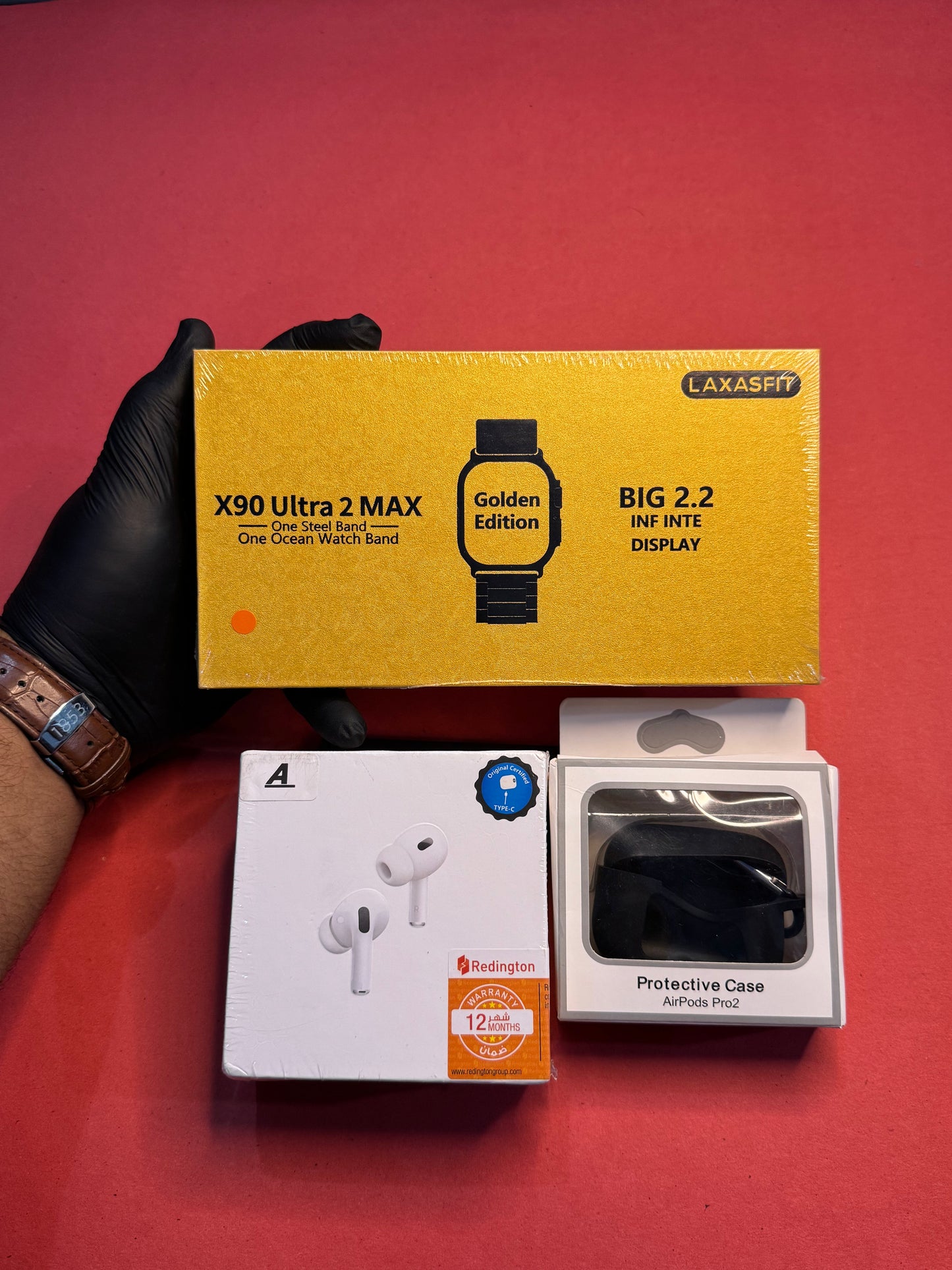 X90 Ultra 2 Golden Watch + Airpods Pro 2 [ANC + Buzzer Active!]