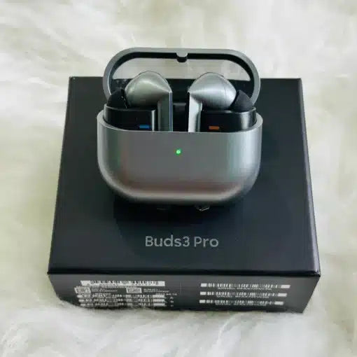 Samsung Galaxy Buds 3 Pro wireless earbuds with sleek design, shown alongside a Samsung Smart Watch Ultra from Ellora Tech.
