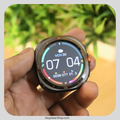 Samsung Smart Watch Ultra with A9 Pro LED screen and LAMPARCO AirPods, showcasing the sleek smartwatch and wireless earbuds.