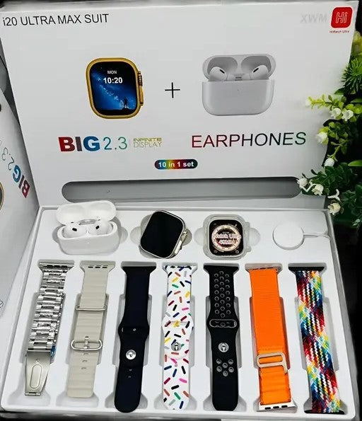 I20 Ultra Max Suit Smartwatch, 10 in 1 Set with AirPods 2, 2.3-Inch Display